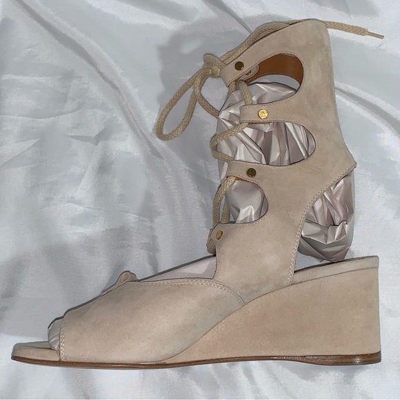 NIB auth CHLOÉ size 39 beige SUEDE lace up WEDGE HEEL gladiator SANDALS - Picture 4 of 15